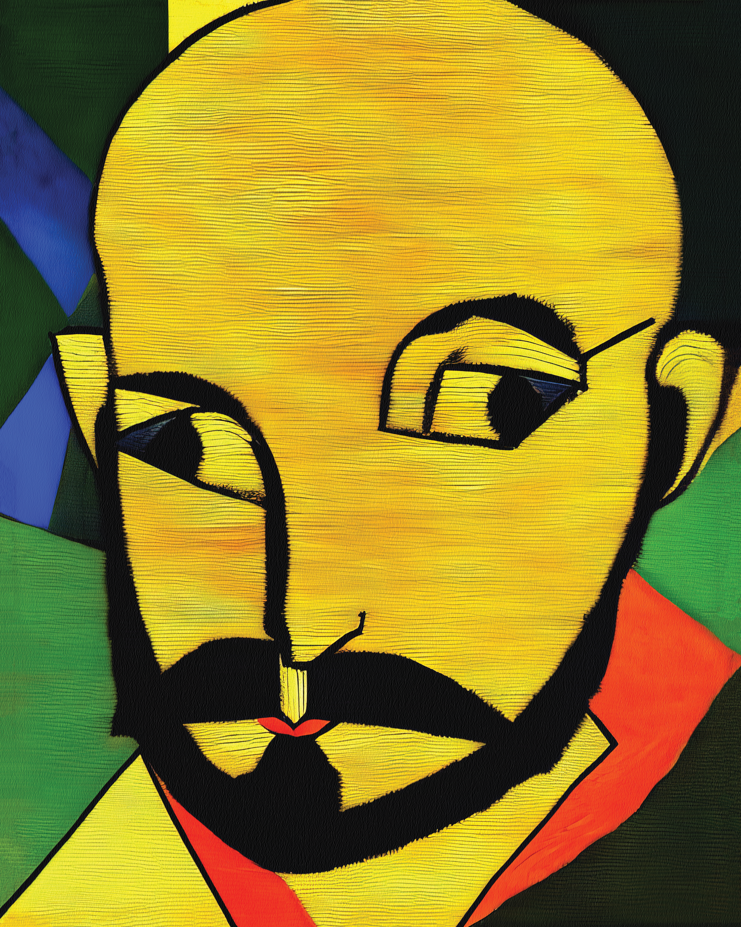 A semi-cubistic AI generated portrait of Henri Matisse in primary colors