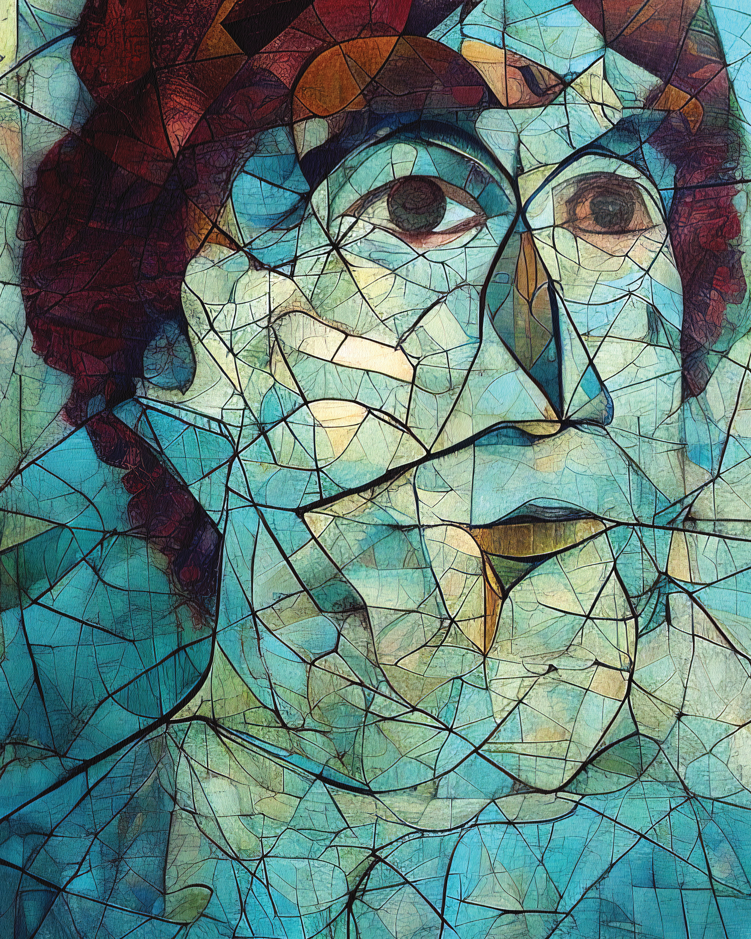 An AI generated portrait of Mar Chagall in a style resembling stained glass