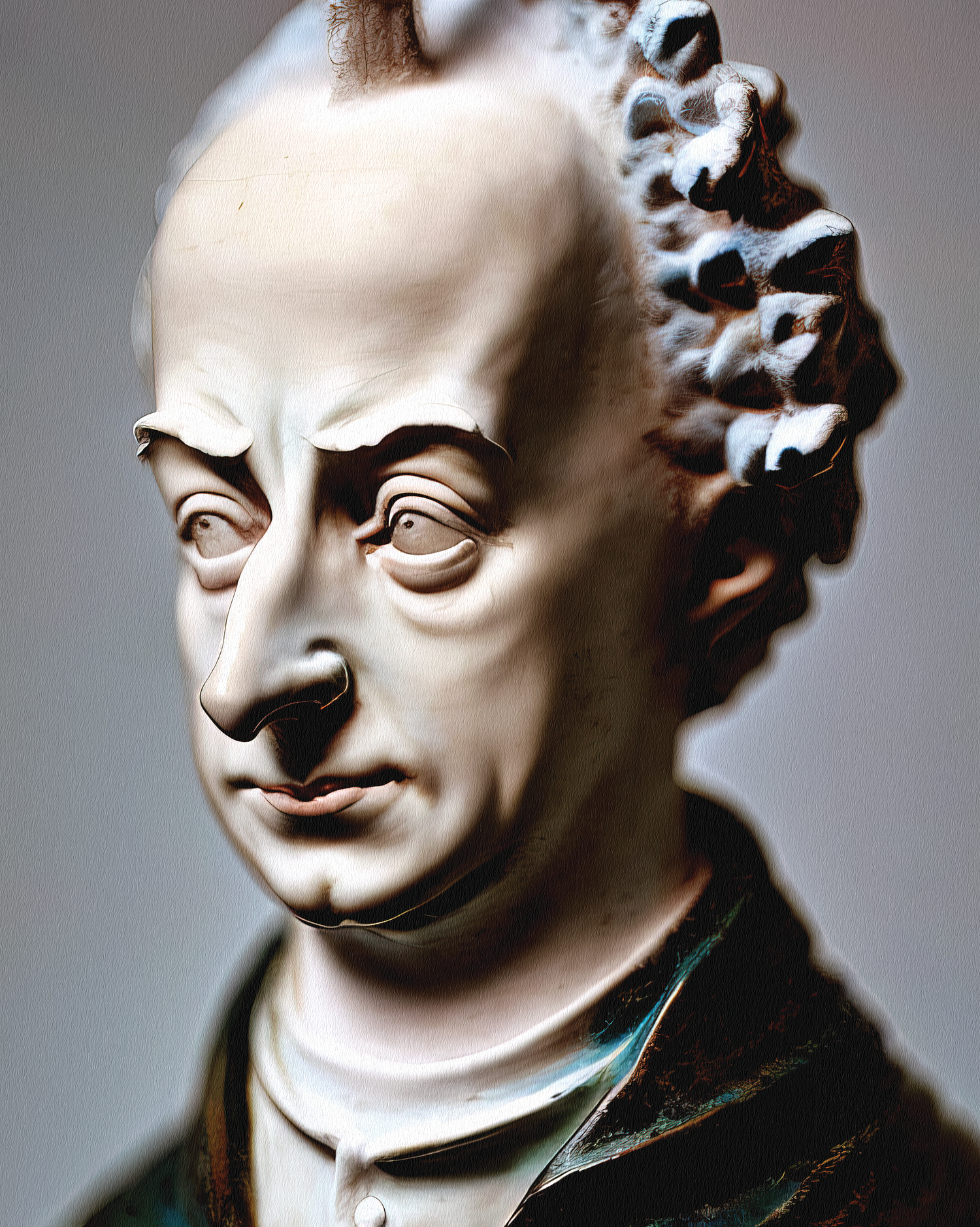 An AI generated image of a porcelain head of german philosopher Immanuel Kant